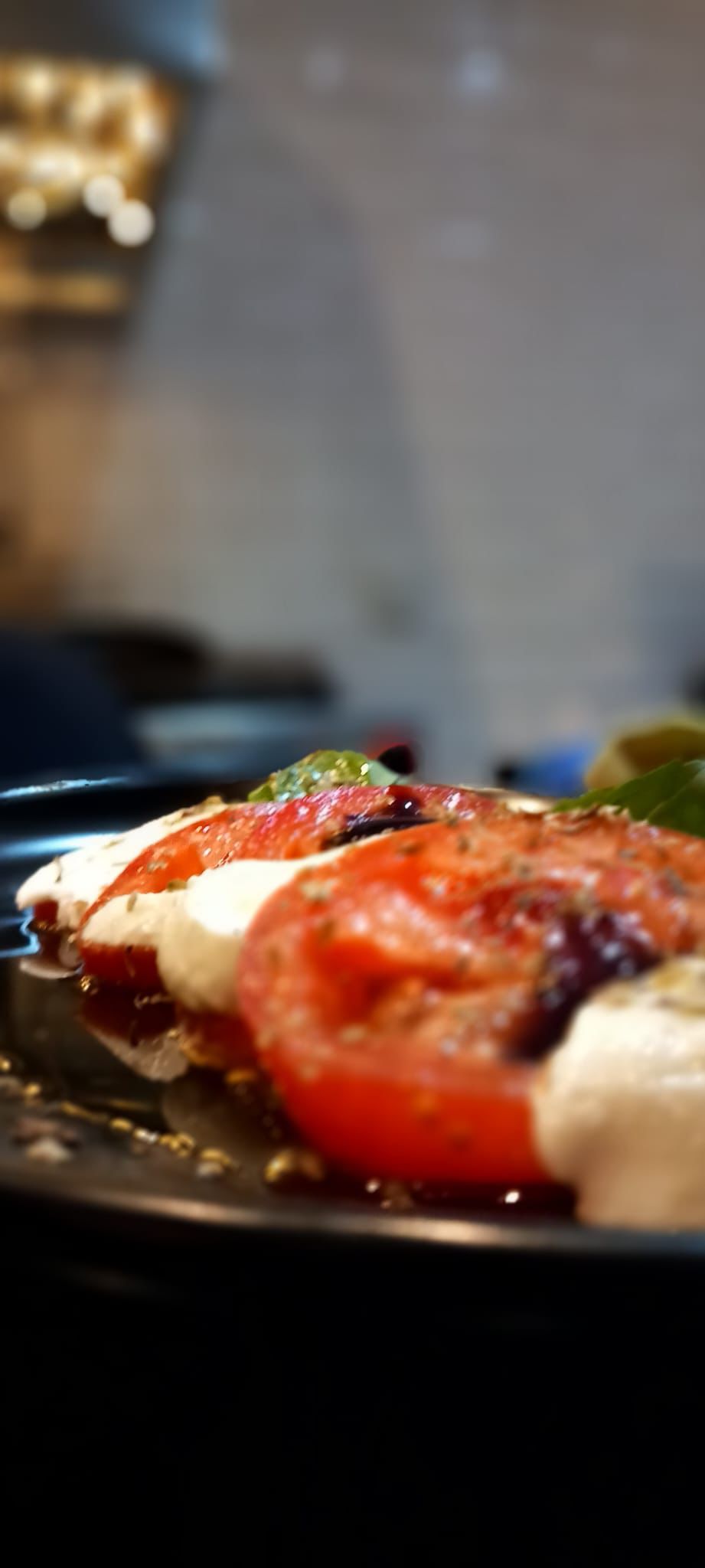 Close-up of a dish with tomatoes and mozzarella on a plate, blurred background