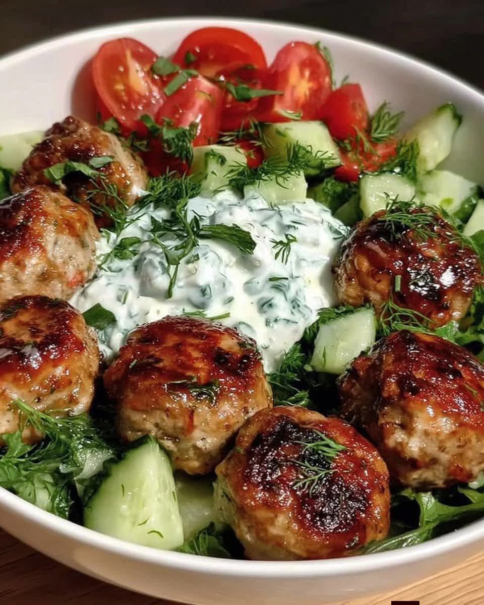 Bowl of salad with meatballs and a creamy dressing
