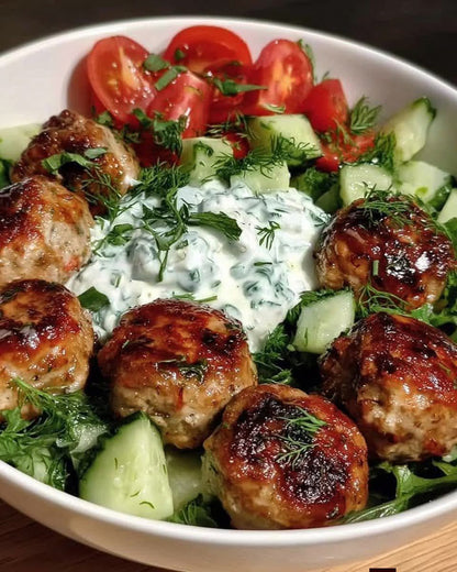 Bowl of salad with meatballs and a creamy dressing